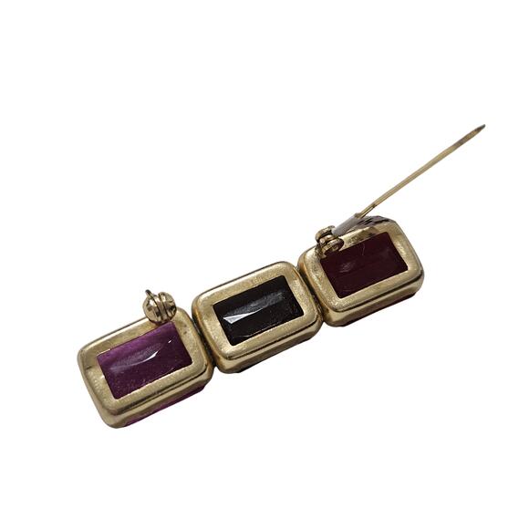 1980s Mod Red Purple Pink Brooch Geometric Rectangle Gold Trim C Clasp Closure - Picture 8 of 8